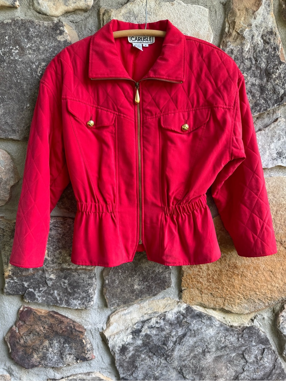 Vintage Carlisle Tomato Red 100% Silk Quilted Zip-Up Jacket with Gold Accents